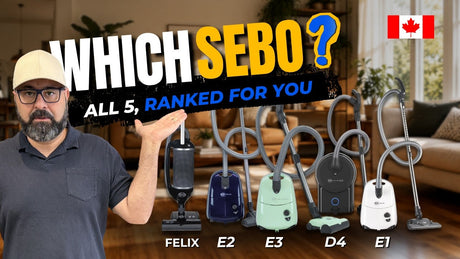 All five SEBO vacuum models compared — E1 Kombi, E2 Turbo, E3 Premium, D4 Premium and Felix