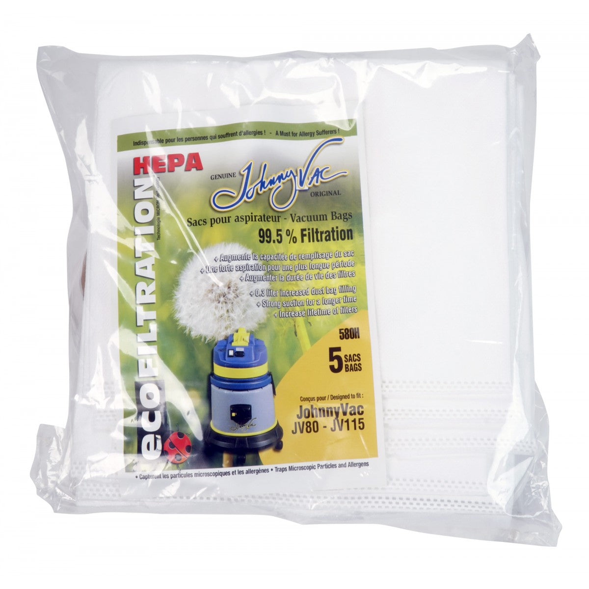 Johnny Vac JV80 and JV115 HEPA Microfilter Bag (5 bags)